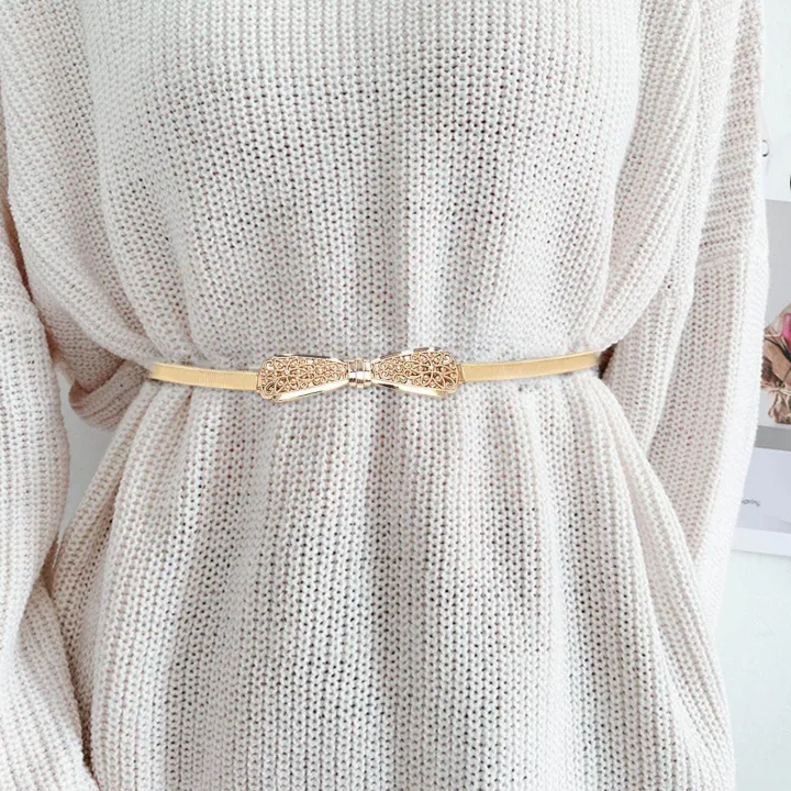 Women%20Elastic%20Waist%20Metal%20Chain,%20Stretch%20Dress%20Belt,%20Skinny%20Waistband%20for%20Women%20,%20Gold%20-%20Image%206