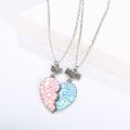 Hot Pink Blue Sequin Stitching Heart Broken Best Friends Necklace Pendant Chain BFF Friendship Jewelry Gifts For Kids 2PCS/Set. 