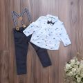 Baby Boy Dress Set: White Printed Full Sleeve Shirt and Navy Blue Pant with Dungarees.