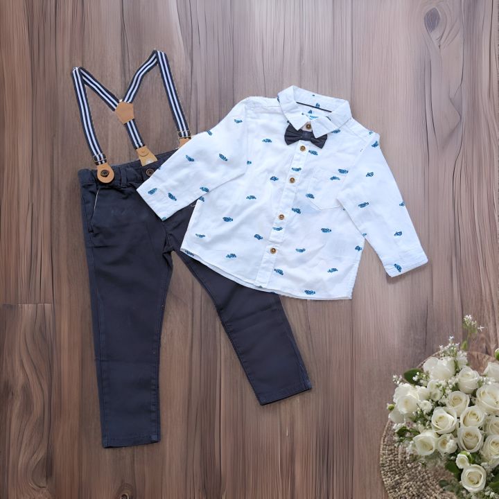 Baby Boy Dress Set: White Printed Full Sleeve Shirt and Navy Blue Pant with Dungarees