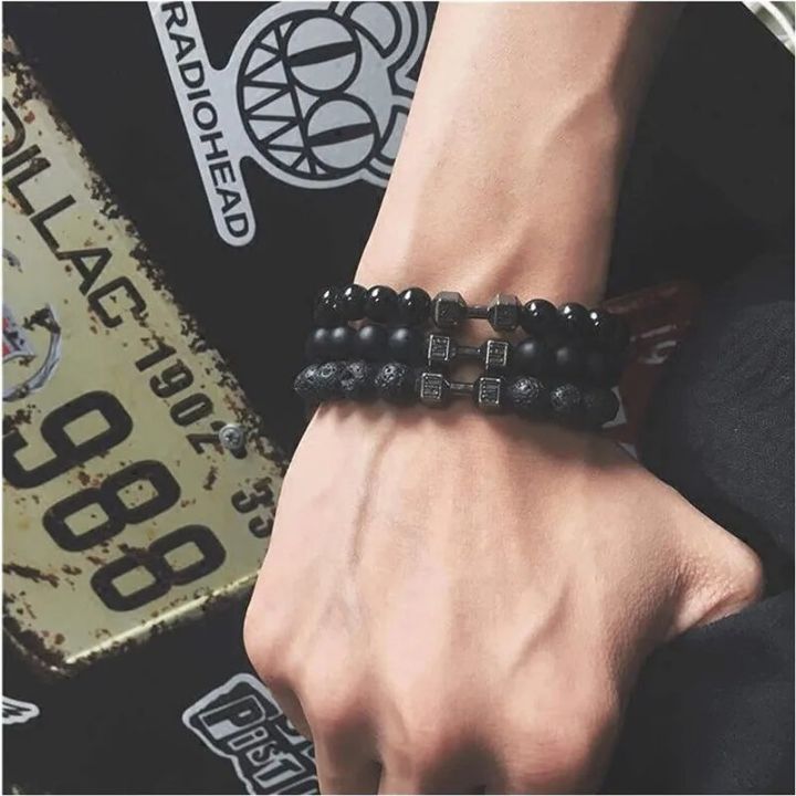 High%20Quality%20Men's%20Beaded%20Bracelet%20Natural%20Black%20Matte%20Agate%20Dumbbell%20Charm%20Bracelet%20Energy%20Fitness%20Barbell%20Fashion%20Jewelry%20-%20Image%203