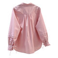 Design Sense Pleated Lace-up Long-Sleeved Pink Cotton Shirt Women's Loose Shirt2023Spring and Summer Artistic Temperament Top Fashion. 