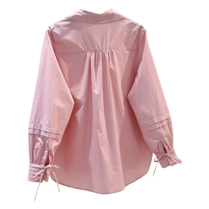 Design%20Sense%20Pleated%20Lace-up%20Long-Sleeved%20Pink%20Cotton%20Shirt%20Women's%20Loose%20Shirt2023Spring%20and%20Summer%20Artistic%20Temperament%20Top%20Fashion%20-%20Image%205