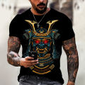 2023 New Summer Japanese Style Harajuku Samurai Tattoo Men's T-shirts Fashion Art Mask O-Neck Short-Sleeved Tattoo Punk Clothing. 
