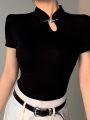 Black Shoulder Short Sleeve T Women's Summer T-shirt 2023 New Design Sense Niche Improved Cheongsam Chinese Style Traditional Top. 