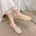 Retro Baotou Half Slippers Women's Summer Wear 2024 New Hollow Lace Flat Bottom One Foot Slippery Linen Sandals.
