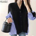 ZANZEA Korean Style Women Asymmetrical Hem High Low Shirt Smart Striped Patchwork Blouse Tops Shirt.