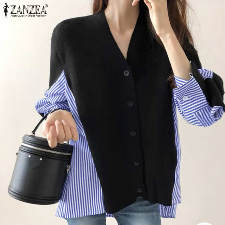 ZANZEA Korean Style Women Asymmetrical Hem High Low Shirt Smart Striped Patchwork Blouse Tops Shirt