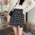 Vintage Plaid Tweed Skirts Thicken Women 2022 Winter Elegant Single-Breasted Short Mini Skirt High Waist Female A-line Skirt. 