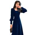 Square collar mid to length long sleeved velvet dress for women in autumn winter Korean version new slim fit and slimming design sense. 