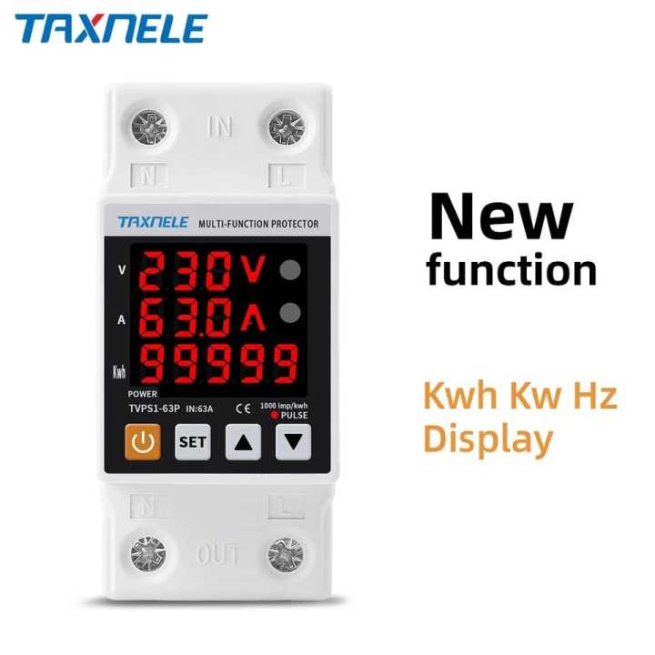 TAXNELE 63A 230V 3 IN1 Display Din Rail Adjustable Over Under Voltage Surge Protector Relay Over Current Protect Kwh Power Watt Meter