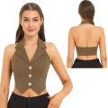 Women Notched Lapel Backless Button Down Suit Vest Solid Color Casual Waistcoat 2025..