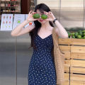 Summer Sweet Women Daily Streetwear Waist Dresses Lady Blue Suspender Floral Dress Female Vogue Off Shoulder Casual Long Dress. 