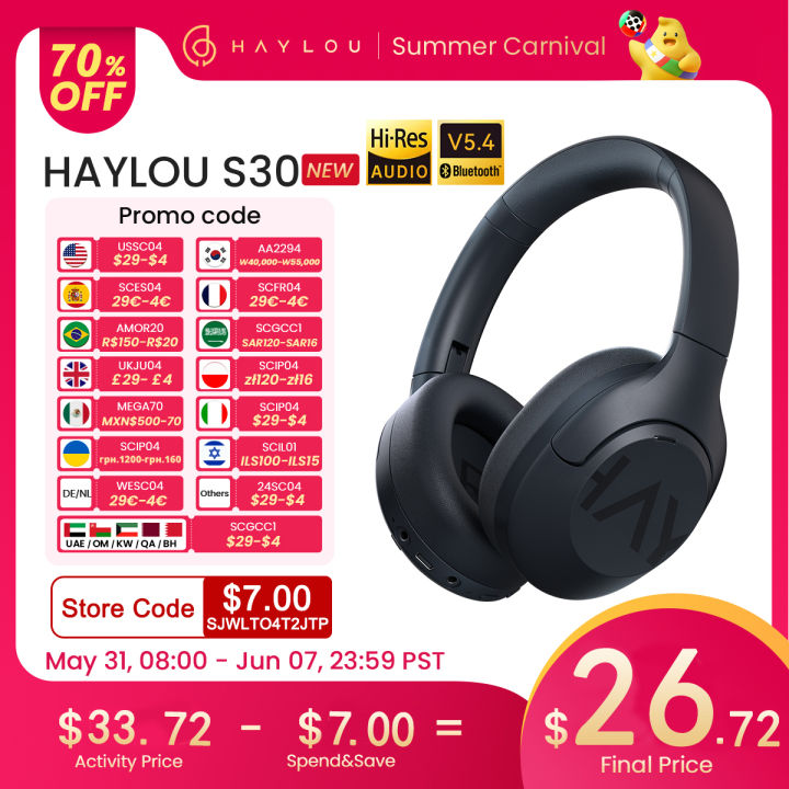 HAYLOU S30 Wireless Bluetooth 5.4 Headphones 43dB Adaptive Noise Cancelling Headsets 40mm Driver 80H Playtime Earphones
