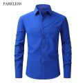 Men's Luxury Brand Business Shirts Royal Blue Elastic Social Long Sleeve Shirt Dress Button Breathable Formal Stretch Blouse.