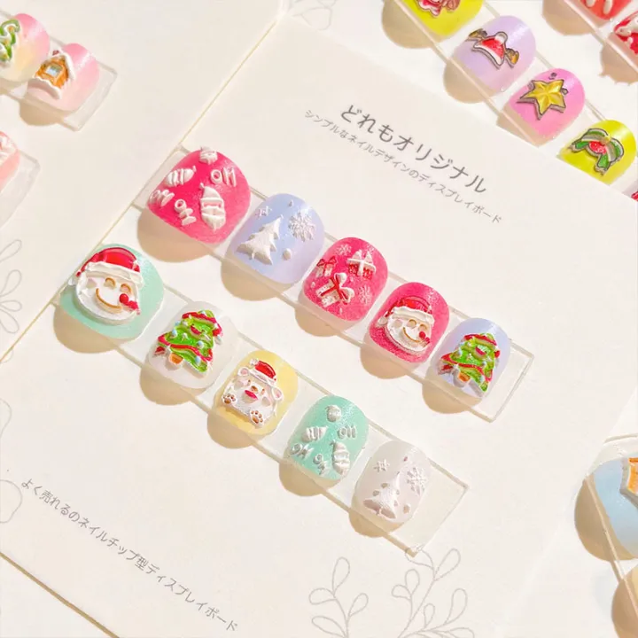 Pre-Glue Nails for Children, Kids Press on Nails, Cartoon Christmas Nails, Cute Full Cover Tips, Nail Decoration, 12