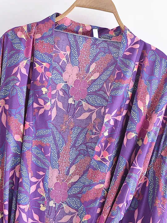 Purple%20Floral%20Print%20Sashes%20Bohemian%20Short%20Robe%20Kimino%20Dress%20for%20Women%20V%20Neck%20Batwing%20Sleeves%20Rayon%20Beach%20Boho%20Bikini%20Cover-ups%20-%20Image%203