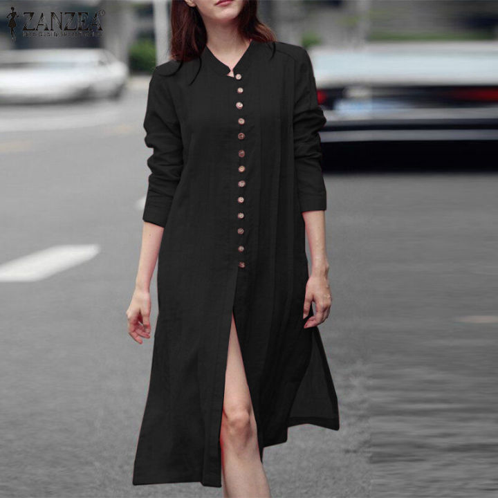 ZANZEA%20Women%20Fashion%20Round%20Neck%20Shirtdress%20Versatile%20Button%20Down%20Side%20Split%20Dresses%20#15%20-%20Image%204