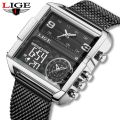 LIGE Fashion Black Steel Watch Men Digital Dual Display Watch Sports Chronograph Waterproof Quartz Wristwatch Men Military Watch. 