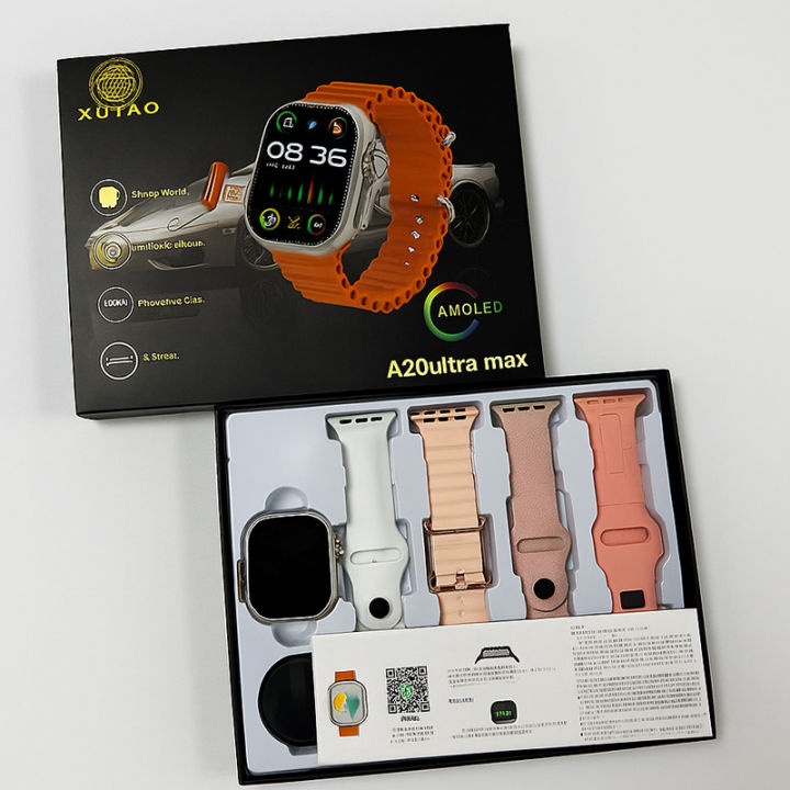 A20 Ultra Max Smart Watch AMOLED Display – 4 Strap Set, SIM Support, Wireless Charging, Waterproof Smartwatch
