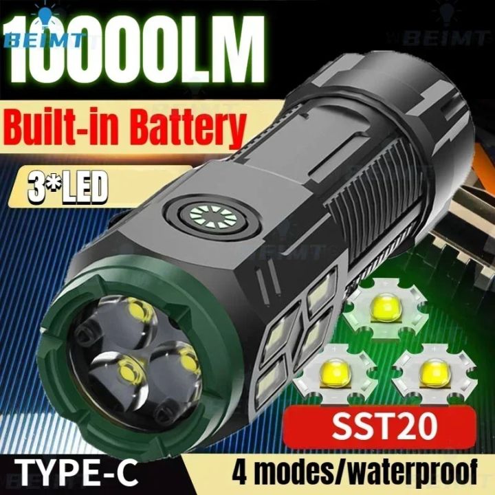 3*T20 Outdoor Strong Light Torch Portable Mini Three Eye Flashlight Type-C Charging Flashlights Cap Clip Lamp for Fishing Bike Accessories