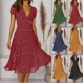 Summer Women’s Polka Dot A-Line Dress 2023 Casual V-neck Bandage Boho Beach Dress for Women Chic Midi Sundress Robe.