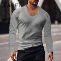 Men V-neck T-shirt Men V-neck Long Sleeve T-shirt Solid Slim Fit High Elastic Pullover Tops Breathable Thin Stwear Casual Men T-shirt. 