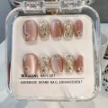 10PCS Pink Cat Eye Handmade Press On Nails Square Head Nails Diamond Designs Full Cover Nail Art Tips Wearable False Nails.