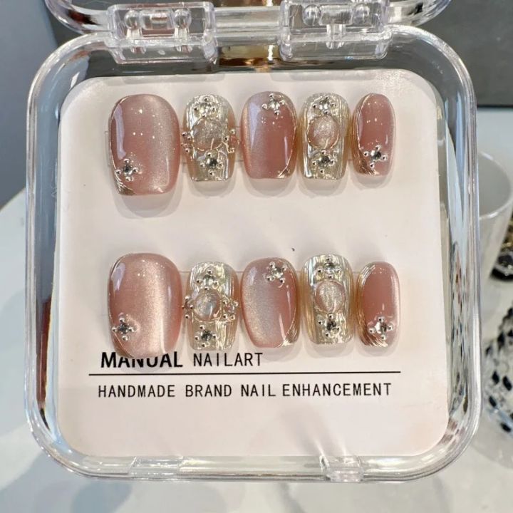 10PCS Pink Cat Eye Handmade Press On Nails Square Head Nails Diamond Designs Full Cover Nail Art Tips Wearable False Nails