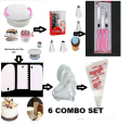 6 A Set  Cake Decoration Turntable , 12 Pieces Of Stainless Steel Nozzle Set , 3 pieces of cake planner , Measuring Spoon Cup Set , 3 pieces Plastic Cream Scraper & 10 Pieces Pipping Bags. 