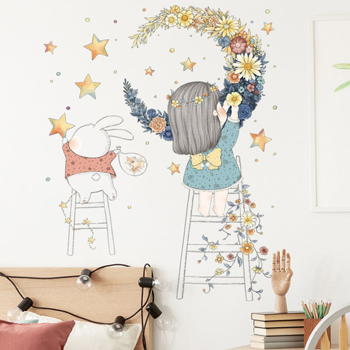Cartoon Stars Garland Sticker Home Living Room Decor Vinyl Wall Sticker Little Girl Moon DIY Kids Door Mural Wallpaper