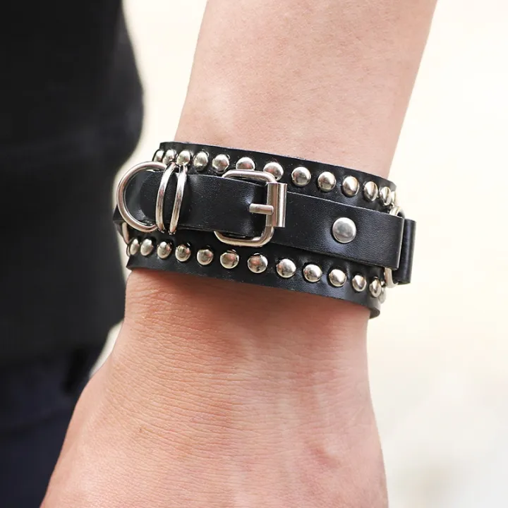 Black%20Gothic%20Big%20Wide%20Leather%20Bracelet%20with%20Zipper%20Rivet%20Wrap%20Bracelets%20for%20Men%20Women%20High%20Quality%20Button%20Adjustable%20Wristbands%20-%20Image%203