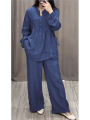 Ladies Casual Long Sleeve Pocket Shirts 2 Piece Set Fashion Loose Pleated Wide-leg Pants Suit. 