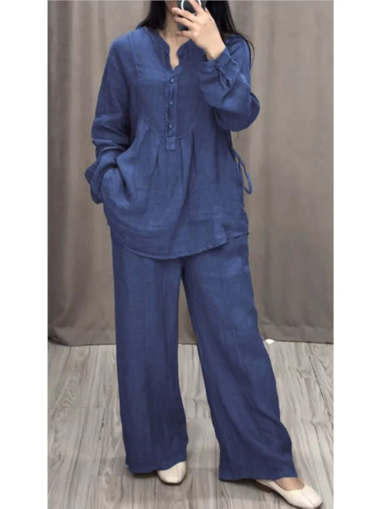 Ladies%20Casual%20Long%20Sleeve%20Pocket%20Shirts%202%20Piece%20Set%20Fashion%20Loose%20Pleated%20Wide-leg%20Pants%20Suit%20-%20Image%206