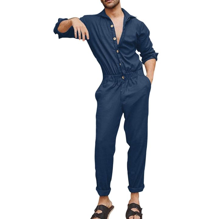 Lounge%20Jumpsuits%20Men%20Mens%20Spring%20And%20Autumn%20Fashion%20Leisure%20Solid%20Color%20Lapel%20Pocket%20Buckle%20Overalls%20Jumpsuit%20Sweat%20Set%20-%20Image%202