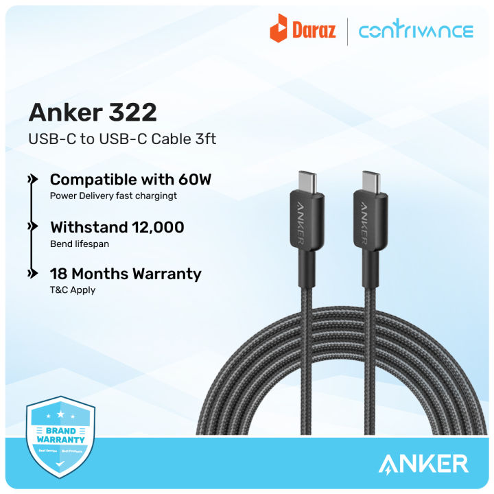 Anker 322 USB-C To USB-C Fast Charging Cable (3ft) With Durable & High-Speed Charging For Phones, Tablets & Others