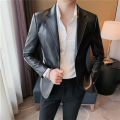 Autumn Winter Men's Leather Jackets Fashion Slim Solid Color Turn Down Collar Leather Blazer Coats Men Business Casual PU Jacket.