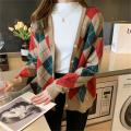 2021 Early Autumn New Color-Blocking Diamond-Shaped Top V Collar Sweater Loose Knitted Winter Coat Women's Cardigan. 