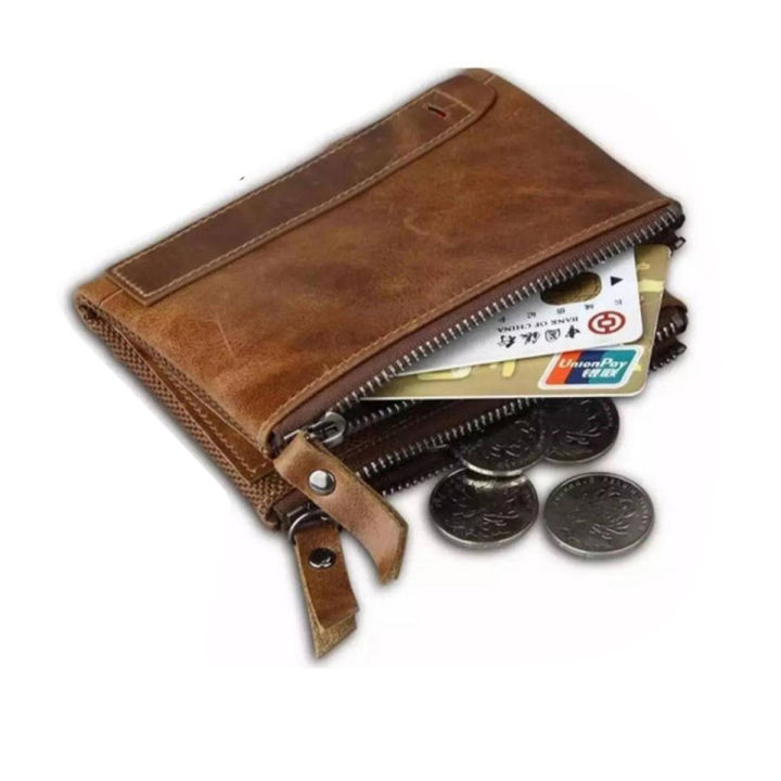 Brown Leather Card Holder and Two Zipper Pockets Wallet for Men