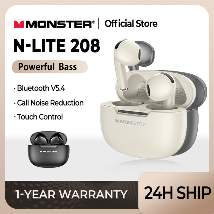 Monster N-lite 208 Wireless Headphones TWS HiFi Stereo Bluetooth 5.4 Earphones with Mic Call Noise Reduction IPX5 Waterproof