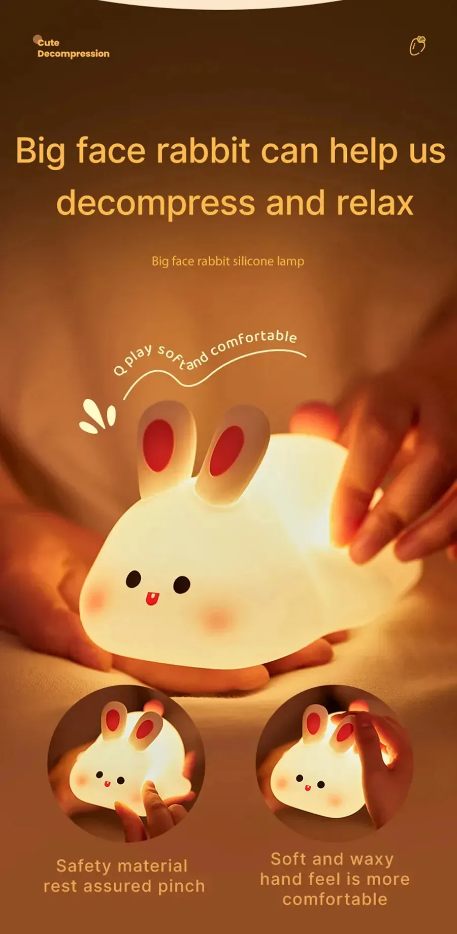 Pink Rabbit Night Light Rabbit Night Light,Cute Silicone Lamp, Dimmable Light Up Bunny, Night ...