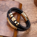 Wholesale High Quality Men's Leather Hand Jewelry 3 Layers Real Leather Bracelet Magnetic Clasp Men Bracelet.