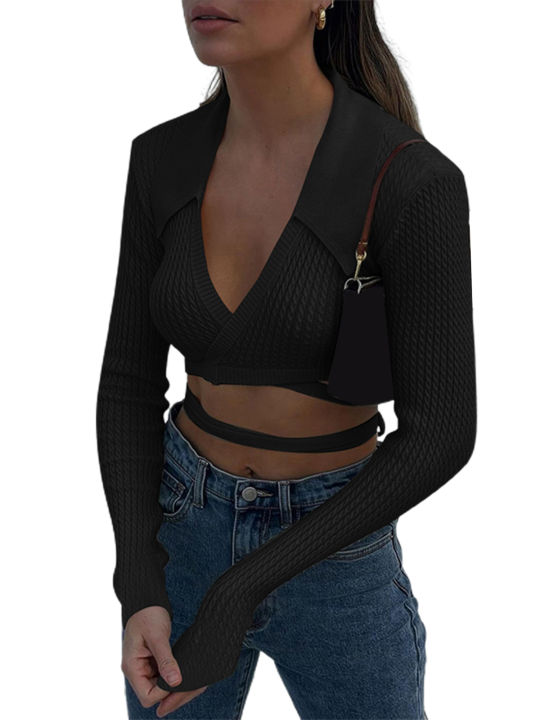 Women's%20Long%20Sleeve%20Crop%20Tops,%20Solid%20Color%20Knit%20Ribbed%20Deep%20V-Neck%20Cross%20Strappy%20Show%20Navel%20Knitwear%20-%20Image%209