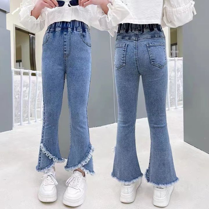 Girls' pants spring and autumn wear 2024 new foreign elastic slim denim flared pants children's spring pants