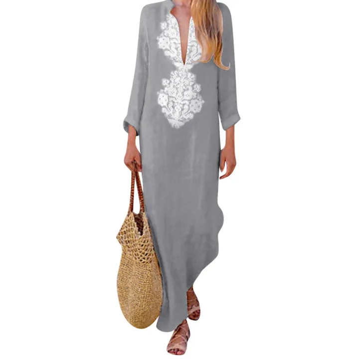 Women%E2%80%99s%20Printed%20Long%20Sleeve%20V-neck%20Dress%20Split%20Hem%20Baggy%20Kaftan%20Long%20Dress%20-%20Image%204
