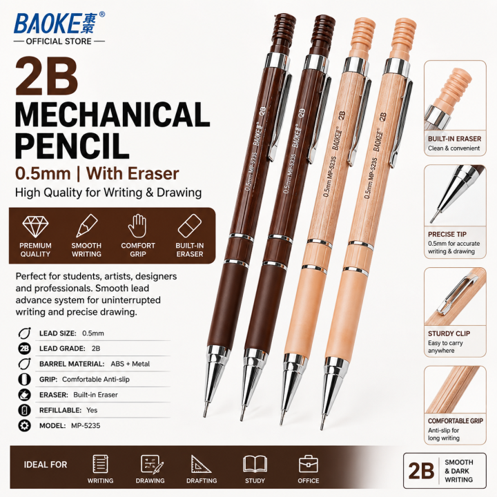 Baoke 2b Mechanical Pencil with Eraser 0.5mm High-Quality Writing Stationery