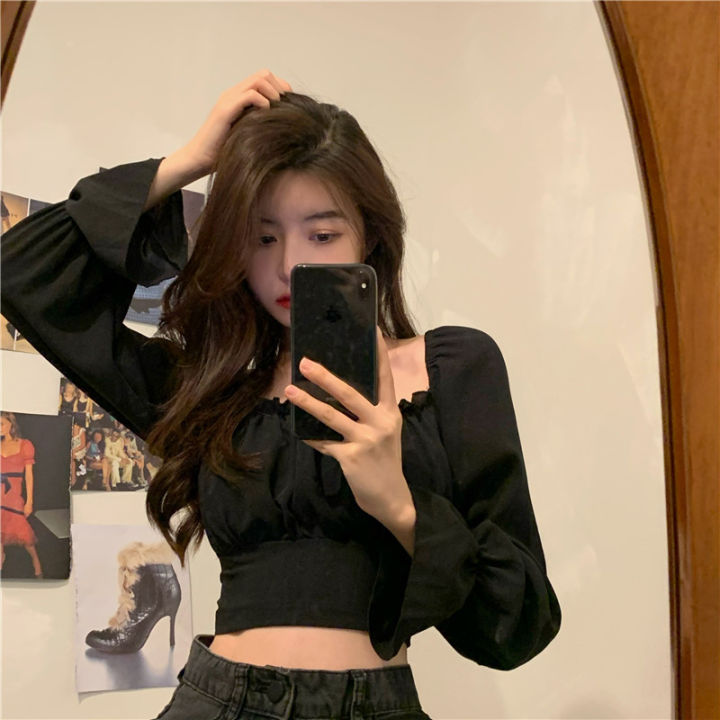 [ Four-Sided Bomb ] Niche Design Long Sleeve Black Slimming Shirt 2024 Spring and Summer Slim Fit Short Square Collar Lining