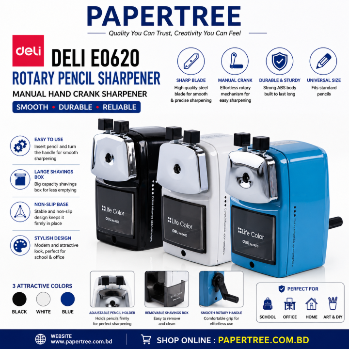 Deli E0620 Rotary Pencil Sharpener Manual Hand Crank Sharpener for School & Office Use