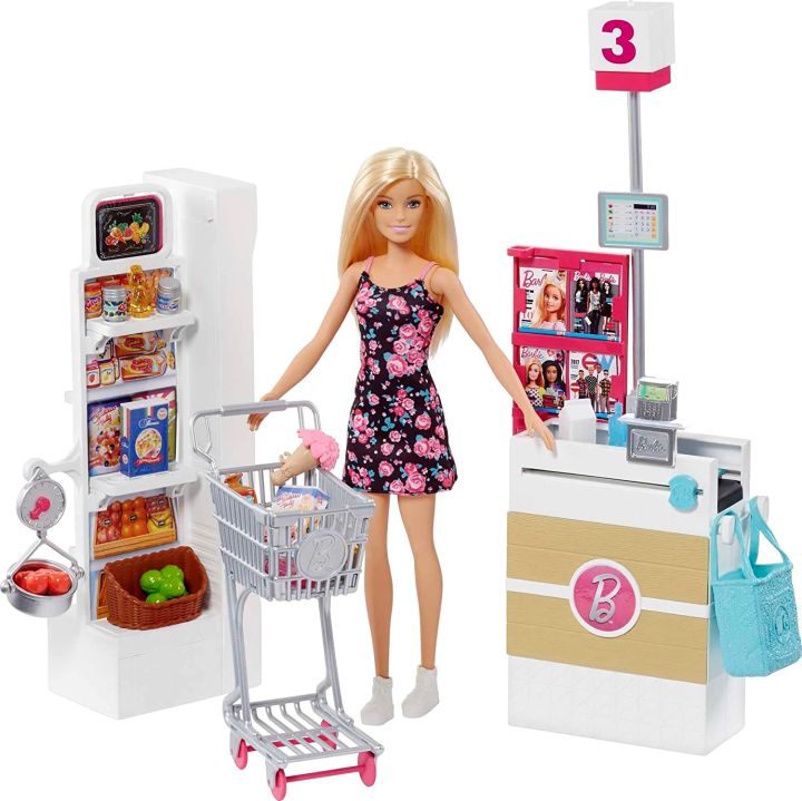 Barbie%20Doll%20&%20Playset,%20Supermarket%20with%2025%20Grocery%20Store-Themed%20Accessories%20Including%20Food,%20Check-Out%20Counter%20&%20Shelves%20-%20Image%203