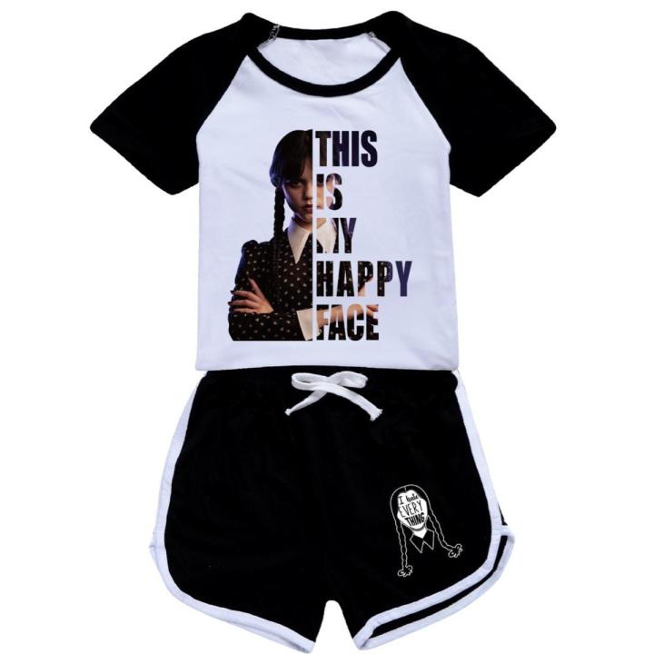 New Kids Wednesday Addams Clothes Sets Girls Summer Clothing Short Sleeve Print Sport Suits Children T-shirt + Pants Outfits